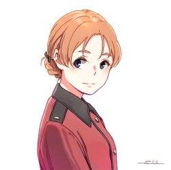 Rule 34 | 1girl, braid, brown hair, closed mouth, dated, from side, girls und panzer, horikou, jacket, looking at viewer, looking to the side, one-hour drawing challenge, orange pekoe (girls und panzer), purple eyes, red jacket, signature, simple background, smile, solo, upper body, white background