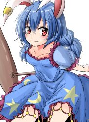 Rule 34 | 1girl, absurdres, ahoge, animal ears, blue dress, blue hair, rabbit ears, collarbone, cowboy shot, crescent print, dress, earclip, frilled dress, frilled sleeves, frills, highres, kine, looking at viewer, low twintails, mallet, oshiaki, puffy short sleeves, puffy sleeves, red eyes, seiran (touhou), short sleeves, simple background, smile, solo, star (symbol), star print, touhou, twintails, white background