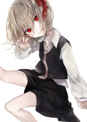 Rule 34 | 1girl, black skirt, black vest, blonde hair, blood, blood on face, blood on hands, claw pose, collared shirt, commentary request, eyebrows hidden by hair, feet out of frame, hair between eyes, hasunokaeru, head tilt, highres, long sleeves, looking at viewer, loose necktie, necktie, parted lips, red eyes, rumia, shirt, short hair, simple background, sitting, skirt, solo, touhou, vest, white background, white shirt, yellow necktie