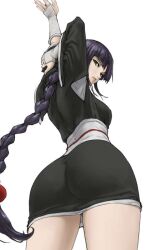 Rule 34 | 1girl, arched back, ass, black hair, bleach, blunt bangs, braid, braided, breasts, colored skin, female focus, from behind, from below, green eyes, kurotsuchi nemu, legs apart, looking at viewer, looking back, medium breasts, ozkh, perspective, pursed lips, shihakusho, single braid, stretching, white skin