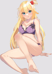 Rule 34 | 1girl, absurdres, akai haato, bare arms, bare legs, barefoot, blonde hair, blue eyes, blush, bra, breasts, cleavage, collarbone, feet, grey background, hair between eyes, hair ornament, heart, heart hair ornament, highres, hololive, knee up, legs, lingerie, long hair, medium breasts, melow menow, one side up, panties, purple bra, purple panties, shiny skin, simple background, sitting, solo, sweatdrop, toenails, toes, tongue, tongue out, underwear, underwear only, very long hair, virtual youtuber