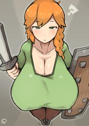 Rule 34 | 1girl, ahoge, alex (minecraft), boots, braid, breasts, brown pants, cleavage, collarbone, eyebrows, green eyes, green shirt, highres, holding, holding weapon, large breasts, looking at viewer, minecraft, orange hair, pants, question mark, raised eyebrow, raised eyebrows, shield, shirt, side braid, sword, tied shirt, umitsuki (kurage no shokushu), weapon