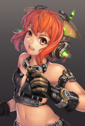 Rule 34 | 1girl, :d, bandeau, belt, breasts, bullet, gloves, glowing, goggles, goggles around neck, headgear, headset, jak, light particles, magazine (weapon), open mouth, orange eyes, orange hair, original, simple background, small breasts, smile, solo, unzipped