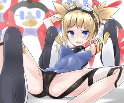 Rule 34 | 10s, 1girl, armlet, bad id, bad pixiv id, bird, blonde hair, blue eyes, blush, breasts, drooling, fure-tan, goggles, goggles on head, granblue fantasy, highres, nipple pull, nipple stimulation, pengie, penguin, saliva, short hair, short shorts, short twintails, shorts, small breasts, smile, solo, spread legs, twintails