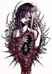 1girl absurdres apple bitten_apple blood blood_on_face blood_on_hands blood_splatter collarbone completely_nude crown_of_thorns eyeball fang flower food food_bite forked_tongue fruit gorezono_neo_(yu-ki_iwata) guro hair_between_eyes hand_up highres holding holding_food holding_fruit intestines medium_hair nude open_mouth original purple_hair red_eyes red_flower red_rose ribs rose simple_background solo teeth thorns tongue tongue_out upper_body upper_teeth_only white_background yu-ki_iwata