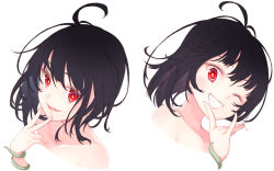 Rule 34 | 1girl, ;), \n/, ahoge, black hair, collarbone, fang, floating hair, grin, hand up, houjuu nue, midorino eni, multiple views, nude, one eye closed, parted lips, portrait, red eyes, simple background, smile, snake, teeth, touhou, v, white background