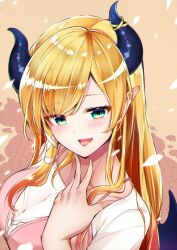 Rule 34 | 1girl, blonde hair, blue eyes, blurry, blurry foreground, blush, breasts, camisole, collarbone, demon girl, demon horns, demon wings, highres, hololive, horns, large breasts, looking at viewer, multicolored hair, petals, pink camisole, pink hair, pink lips, pointy ears, shirt, solo, spaghetti strap, two-tone hair, upper body, virtual youtuber, white shirt, wings, yu yun, yuzuki choco