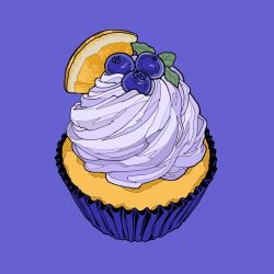 Rule 34 | blue background, blueberry, cupcake, dessert, food, food focus, fruit, icing, leaf, lemon, lemon slice, minillustration, no humans, original, simple background