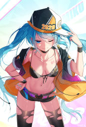 Rule 34 | 1girl, 39, 2020, artist name, bandaid, bandaid on face, baseball cap, belt, bikini, bikini top only, blue eyes, blue hair, breasts, character name, choker, collarbone, cowboy shot, earrings, front-tie bikini top, front-tie top, hand on own hip, hat, hatsune miku, highres, jacket, jewelry, leaning forward, long hair, medium breasts, nail polish, navel, number tattoo, one eye closed, open clothes, open jacket, qys3, short shorts, shorts, solo, string bikini, sweatband, swimsuit, tattoo, thighhighs, torn clothes, torn thighhighs, twintails, vocaloid