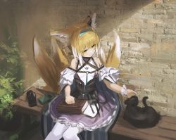 Rule 34 | 1girl, absurdres, animal ear fluff, animal ears, arknights, bare shoulders, bench, black cat, blonde hair, blue headband, book, braid, brick wall, cat, collar, dress, earpiece, fox ears, fox tail, frilled dress, frills, gloves, unworn gloves, hara shoutarou, headband, headpat, highres, huge filesize, infection monitor (arknights), kitsune, multiple tails, outdoors, pantyhose, plant, pouch, sitting, smile, solo, suzuran (arknights), tactical clothes, tail, walkie-talkie, white pantyhose, yellow eyes
