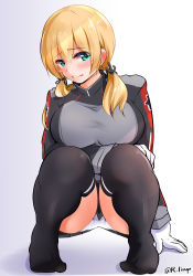 Rule 34 | 1girl, absurdres, anchor hair ornament, black skirt, black thighhighs, blonde hair, breasts, cross, gloves, hair ornament, highres, iron cross, kantai collection, large breasts, lingerie (aki3240), long hair, long sleeves, low twintails, microskirt, military, military uniform, over-kneehighs, panties, pleated skirt, prinz eugen (kancolle), skirt, solo, squatting, thighhighs, twintails, underwear, uniform, white gloves, white panties