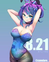 Rule 34 | 1girl, animal ears, armpits, arms behind head, bandaid, bandaid on face, bandaid on nose, black choker, blue eyes, blue hair, blue leotard, breasts, bright pupils, choker, cleavage, copyright name, covered navel, cumdare, dated, fake animal ears, gradient background, large breasts, leotard, melody (projektmelody), multicolored hair, pantyhose, pink hair, playboy bunny, purple hair, rabbit ears, rabbit tail, solo, streaked hair, tail, triangle hair ornament, twitter username, virtual youtuber, vshojo, white pupils