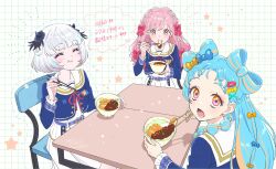 Rule 34 | 3girls, aikatsu! (series), aikatsu academy!, belt, blue hair, blue shirt, bow, bow-shaped hair, bowl, braid, candy hair ornament, chair, checkered background, chopsticks, closed eyes, curly hair, dot nose, eating, flower, food-themed hair ornament, frilled sleeves, frills, grey hair, hair bow, hair flower, hair ornament, hand up, happy, highres, himeno mieru, holding, holding chopsticks, long sleeves, looking at viewer, mamimu meh, medium skirt, miyadani risa, multicolored hair, multiple girls, open mouth, orange eyes, pink eyes, pink hair, red ribbon, ribbon, sailor collar, school uniform, shirt, short bangs, short hair, signature, sitting, skirt, smile, star (symbol), straight hair, streaked hair, table, tonkatsu, translated, virtual youtuber, wao parin, white bow, white skirt, x hair ornament