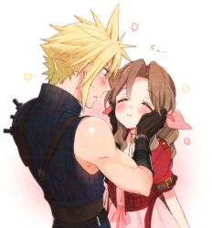 Rule 34 | 1boy, 1girl, aerith gainsborough, aqua eyes, armor, bad id, bad pixiv id, belt, blonde hair, blue shirt, blush, braid, braided ponytail, brown belt, brown hair, choker, closed eyes, cloud strife, cropped jacket, dress, final fantasy, final fantasy vii, final fantasy vii remake, flower choker, hair between eyes, hair ribbon, hands on another&#039;s cheeks, hands on another&#039;s face, jacket, krudears, long hair, looking at another, parted bangs, parted lips, pink dress, pink ribbon, red jacket, ribbon, shirt, short hair, short sleeves, shoulder armor, sidelocks, single bare shoulder, spiked hair, square enix, squishing, suspenders, sweatdrop, toned, toned male, upper body