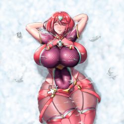 Rule 34 | 1girl, arms behind head, arms up, blush, breasts, curvy, closed eyes, female focus, giant, giantess, highres, huge breasts, la potato, lying, nintendo, on back, pantyhose, pyra (xenoblade), red hair, smile, solo, thick thighs, thighs, wide hips, xenoblade chronicles (series), xenoblade chronicles 2