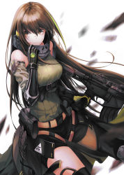 Rule 34 | 1girl, absurdres, bare shoulders, belt, belt pouch, black gloves, breasts, brown eyes, brown hair, csc00014, detached sleeves, gauntlets, girls&#039; frontline, gloves, green shirt, highres, long hair, m4a1 (girls&#039; frontline), m4a1 (mod3) (girls&#039; frontline), magazine (weapon), medium breasts, mod3 (girls&#039; frontline), multicolored hair, parted lips, pouch, shirt, solo, streaked hair, upper body, very long hair