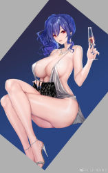 Rule 34 | 1girl, azur lane, bag, bare legs, blue hair, breasts, champagne flute, cleavage, crossed legs, cup, dress, drinking glass, earrings, fingernails, hair ornament, hairclip, handbag, high heels, highres, huge breasts, jewelry, long fingernails, looking at viewer, nail polish, necklace, obiwan, parted lips, plunging neckline, red eyes, shiny skin, short dress, side ponytail, sidelocks, silver dress, simple background, sitting, solo, st. louis (azur lane), st. louis (luxurious wheels) (azur lane), two-tone background, unfinished, weibo watermark