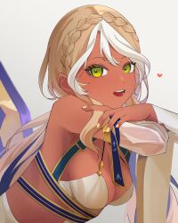 Rule 34 | 1girl, absurdres, andromeda (fate), andromeda (first ascension) (fate), bare shoulders, blonde hair, breasts, cleavage, dark-skinned female, dark skin, fate/grand order, fate (series), fujiwara nazuna, green eyes, highres, large breasts, long hair, looking at viewer, open mouth, smile, solo, white hair