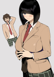 Rule 34 | 1boy, 1girl, black hair, blazer, blue eyes, blush, bob cut, breasts, brown hair, brown jacket, collared shirt, commentary request, diagonal bangs, green skirt, grey background, hair over one eye, hand in pocket, ikuchan kaoru, inverted bob, jacket, lapels, large breasts, lips, looking at viewer, necktie, notched lapels, open clothes, open jacket, original, pants, plaid, plaid pants, plaid skirt, pleated skirt, red necktie, school uniform, scratching head, shirt, short hair, simple background, skirt, smile, upper body, white shirt