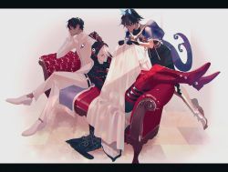 Rule 34 | 3boys, arjuna (fate), arjuna alter (fate), black border, black eyes, black gloves, black hair, black jacket, black pants, black shirt, blanket, blue capelet, boots, border, bush, capelet, closed eyes, couch, crossed legs, dark-skinned male, dark skin, fate/grand order, fate (series), floating, full body, gloves, hair between eyes, hair over one eye, head rest, highres, holding, holding blanket, hood, hood up, horns, jacket, karna (fate), karna (santa) (fate), leaning on person, leg armor, letterboxed, lim (lim 6660129), looking at another, male focus, multiple boys, pants, profile, red footwear, shirt, shoes, short hair, sideways glance, sitting, sleeping, tail, thigh boots, thighhighs, white footwear, white gloves, white hair, white pants, white shirt