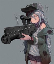 Rule 34 | 1girl, aimpoint, assault rifle, blouse, bullpup, caseless firearm, commentary request, flat chest, g11 (girls&#039; frontline), girls&#039; frontline, green headwear, green jacket, grey background, gun, h&amp;k g11, hair between eyes, horizontal magazine, jacket, looking at viewer, personification, polygonal rifling, prototype design, rifle, scarf on head, scope, shirt, sight (weapon), silver hair, sleepy, soguma, telescopic sight, translation request, weapon, white shirt