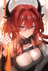 Rule 34 | 1girl, arknights, bare shoulders, black dress, blush, breasts, cleavage, closed mouth, detached collar, dress, hair intakes, highres, horn/wood, horns, large breasts, long hair, looking at viewer, lava, purple eyes, red hair, simple background, solo, surtr (arknights), upper body, v-shaped eyebrows, white background