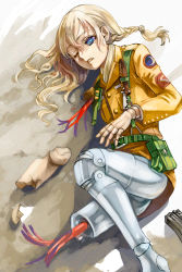 Rule 34 | 1girl, amputee, belt, blonde hair, blue eyes, braid, brown jacket, buttons, collared shirt, cyborg, foot out of frame, from above, green belt, hair ornament, highres, jacket, long hair, long sleeves, lying, mechanical legs, on side, one eye closed, original, pouch, prosthesis, prosthetic leg, satou usuzuku, shiny clothes, shirt, solo
