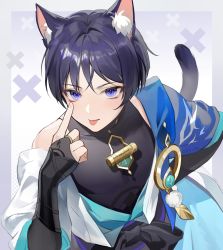 Rule 34 | 1boy, :p, akanbe, animal ears, arm armor, arm up, artist name, bananakeki, bare shoulders, belt, black belt, black bow, black shirt, blue vest, bow, cat ears, cat tail, closed mouth, eyelid pull, gem, genshin impact, gold, green gemstone, hand up, highres, jewelry, looking at viewer, male focus, mandarin collar, necklace, no headwear, official alternate costume, open clothes, open vest, pom pom (clothes), purple eyes, scaramouche (genshin impact), shirt, short hair, short sleeves, simple background, sitting, sleeveless, sleeveless shirt, solo, tail, tongue, tongue out, two-tone vest, v-shaped eyebrows, vest, vision (genshin impact), wanderer (genshin impact), white background, white vest
