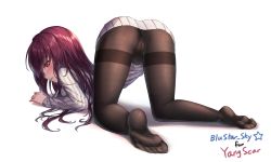 Rule 34 | 1girl, absurdres, ass, black pantyhose, blustar sky, breasts, cameltoe, cleft of venus, fate/grand order, fate (series), feet, heart, heart-shaped pupils, highres, long hair, looking at viewer, looking back, pantyhose, purple hair, red eyes, ribbed sweater, scathach (fate), simple background, soles, solo, sweater, symbol-shaped pupils, thighband pantyhose, toes, top-down bottom-up, very long hair, white background