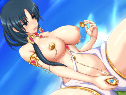 Rule 34 | 1girl, armlet, bad id, bad pixiv id, black hair, blue eyes, blush, breasts, choker, clitoris, cosplay, day, dildo, female focus, female masturbation, hair tubes, hiro (hankakudouga), inverted nipples, jewelry, large breasts, long hair, lots of jewelry, magi the labyrinth of magic, masturbation, mole, mole under mouth, nipple chain, nipple covers, nipples, object insertion, open mouth, paimon (magi), paimon (magi) (cosplay), pasties, pussy, pussy juice, ren hakuei, sex toy, sitting, sky, solo, spread legs, uncensored, vaginal, vaginal object insertion