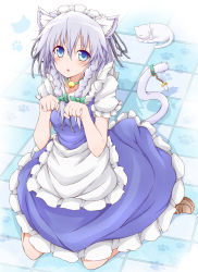 Rule 34 | 1girl, animal ears, apron, bell, blue dress, blue eyes, blush, braid, cat, cat ears, cat tail, collar, collarbone, dress, drill hair, highres, izayoi sakuya, jewelry, karamoneeze, kemonomimi mode, knife, looking at viewer, maid, maid apron, maid headdress, neck bell, open mouth, paw pose, paw print, pendant, puffy sleeves, ribbon, short sleeves, side braid, silver hair, sitting, solo, tail, tail ornament, tail ribbon, tile floor, tiles, touhou, twin braids, twin drills, waist apron, wariza
