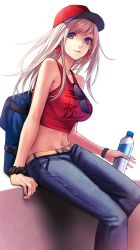 Rule 34 | 1girl, applekun, baseball cap, belt, belt buckle, black scrunchie, blue eyes, blue pants, bottle, breasts, buckle, casual, closed mouth, collarbone, crop top, denim, earrings, fate/grand order, fate (series), floating hair, hair down, hat, highres, holding, holding bottle, jewelry, long hair, looking at viewer, medium breasts, midriff, miyamoto musashi (fate), miyamoto musashi (fate/grand order), miyamoto musashi (swimsuit berserker) (fate), miyamoto musashi (traveling outfit) (fate), navel, pants, red hat, scrunchie, silver hair, simple background, sitting, sleeveless, solo, stomach, sunglasses, sunglasses removed, unworn eyewear, water bottle, white background, wrist scrunchie