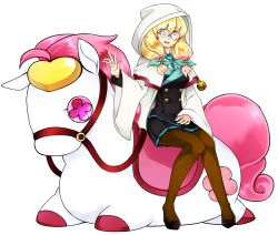 Rule 34 | 1girl, arc system works, bell, blazblue, blonde hair, breasts, cloak, dress, glasses, green eyes, hood, hooded cloak, horse, long hair, open mouth, pantyhose, pleated skirt, ribbon, skirt, smile, stuffed animal, stuffed toy, toudou hayate, trinity glassfield, twintails