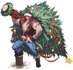 Rule 34 | 1boy, absurdres, alternate costume, artist request, axe, bauble, beanie, beard, belt, boots, brown eyes, brown hair, candy, candy cane, chaos online, christmas, christmas ornaments, christmas tree, christmas wreath, facial hair, fingerless gloves, food, full body, gloves, hat, highres, holly, kunkka (chaos online), long hair, looking at viewer, lumberjack, male focus, muscular, official art, open mouth, red gloves, red nose, reindeer, single glove, solo, star (symbol), suspenders, tattoo, transparent background, tree stump, weapon, wreath