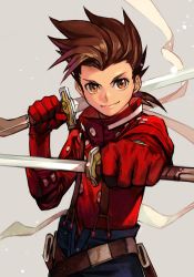 Rule 34 | 1boy, brown eyes, brown hair, closed mouth, hungry clicker, lloyd irving, looking at viewer, male focus, namco, red shirt, shirt, simple background, smile, solo, sword, tales of (series), tales of symphonia, weapon