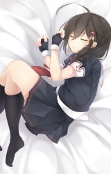 Rule 34 | 1girl, :o, ahoge, bed sheet, black gloves, black serafuku, black shirt, black skirt, black socks, blush, braid, brown hair, feet out of frame, fingerless gloves, from above, gloves, hair flaps, hair ornament, hair over shoulder, hair ribbon, hairpin, highres, kantai collection, kneehighs, long hair, lying, medium skirt, neko ame, no shoes, on side, parted lips, pleated skirt, red ribbon, ribbon, school uniform, serafuku, shigure (kancolle), shigure kai ni (kancolle), shirt, short sleeves, single braid, skirt, socks, solo