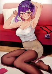 Rule 34 | 1girl, absurdres, adjusting hair, armpits, arms up, bare arms, black pantyhose, breasts, camisole, cellphone, cleavage, closed mouth, collarbone, couch, doushimasho, earrings, feet, glasses, highres, indoors, jewelry, lanyard, lips, looking at viewer, medium breasts, miniskirt, mole, mole on armpit, no shoes, office lady, original, pantyhose, pencil skirt, phone, pillow, purple eyes, purple hair, red-framed eyewear, scan, shiny skin, sitting, skirt, sleeveless, solo, yokozuwari
