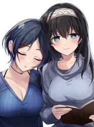 Rule 34 | 2girls, black hair, blue eyes, book, breasts, cleavage, closed mouth, commentary request, earrings, hairband, hayami kanade, highres, holding, holding book, idolmaster, idolmaster cinderella girls, jewelry, large breasts, long hair, multiple girls, necklace, parted bangs, sagisawa fumika, short hair, simple background, sleeping, sleeping upright, smile, sweater, upper body, white background, yuzuhota0313