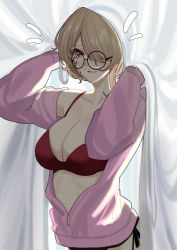 Rule 34 | 1girl, :d, absurdres, bikini, breasts, brown hair, cleavage, curtains, glasses, glasses over hair, haerge, hair over one eye, highres, honkai (series), honkai impact 3rd, jacket, large breasts, long sleeves, looking at viewer, open clothes, open jacket, open mouth, pink jacket, purple eyes, red bikini, rita rossweisse, short hair, smile, solo, swimsuit