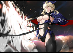 Rule 34 | 1girl, armor, artist name, artoria pendragon (fate), artoria pendragon (lancer alter) (fate), blonde hair, bodysuit, breasts, capelet, center opening, closed mouth, crown, fate/grand order, fate (series), gauntlets, horse, horseback riding, isshiki (ffmania7), large breasts, letterboxed, looking at viewer, navel, pauldrons, reins, revealing clothes, riding, short hair with long locks, shoulder armor, sidelocks, signature, solo, thighhighs, thighs, turtleneck, twitter username, underboob, yellow eyes