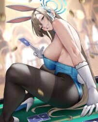 Rule 34 | 1girl, absurdres, animal ears, ass, asuna (blue archive), asuna (bunny) (blue archive), bare shoulders, black pantyhose, blue archive, blue eyes, blue leotard, blurry, blurry background, breasts, brown hair, card, clenched teeth, fake animal ears, gloves, halo, highres, holding, holding card, large breasts, leotard, long hair, looking at viewer, official alternate costume, pantyhose, rabbit ears, sitting, smile, teeth, thighs, white gloves, yoshio (55level)