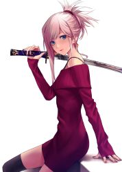 Rule 34 | 1girl, applekun, asymmetrical hair, black thighhighs, blue eyes, closed mouth, dress, fate/grand order, fate (series), hair ornament, highres, holding, holding sword, holding weapon, katana, looking at viewer, miyamoto musashi (fate), nail polish, off-shoulder sweater, off shoulder, red lips, red nails, red sweater, silver hair, simple background, sitting, sleeves past wrists, smile, solo, sweater, sweater dress, swept bangs, sword, thighhighs, weapon, white background, zettai ryouiki