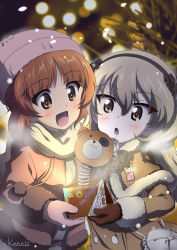 Rule 34 | 2girls, :d, artist name, bag, beanie, black gloves, black ribbon, blurry, blurry background, bokeh, boko (girls und panzer), breath, brown capelet, brown coat, brown eyes, brown hair, capelet, carrying, casual, coat, commentary request, depth of field, drawstring, fur-trimmed capelet, fur-trimmed coat, fur trim, girls und panzer, gloves, hair ribbon, handbag, hat, highres, holding, jack-in-the-box, kanau, light brown hair, light particles, long hair, long sleeves, mittens, multiple girls, night, nishizumi miho, one side up, open mouth, partial commentary, pink headwear, pink mittens, ribbon, shimada arisu, short hair, signature, smile, snow, stuffed animal, stuffed toy, teddy bear
