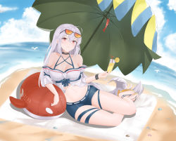 Rule 34 | 1girl, ahoge, arknights, bare legs, bare shoulders, beach umbrella, black choker, blue shorts, blue sky, breasts, choker, cleavage, cloud, commentary, cup, day, drinking glass, drinking straw, eyewear on head, food, fruit, green umbrella, hair between eyes, highres, holding, holding cup, inflatable orca, inflatable toy, large breasts, lemon, lemon slice, long hair, looking at viewer, navel, no headwear, off-shoulder shirt, off shoulder, official alternate costume, parted lips, red eyes, shadow, shirt, short shorts, short sleeves, shorts, silver hair, sitting, skadi (arknights), skadi (waverider) (arknights), sky, solo, stomach, sunglasses, symbol-only commentary, thigh strap, thighs, umbrella, very long hair, white shirt, wristband, yao yue tong, yokozuwari