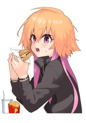 Rule 34 | 1girl, blush, bracelet, burger, commentary, cup, drinking straw, eating, evolvingmonkey, fast food, food, french fries, hair between eyes, hair extensions, hands up, highres, holding, holding food, idolmaster, idolmaster cinderella girls, imminent bite, jacket, jewelry, long hair, long sleeves, looking at viewer, multicolored hair, ninomiya asuka, open mouth, orange hair, pink hair, purple eyes, simple background, solo, spiked bracelet, spikes, sweatdrop, symbol-only commentary, teeth, two-tone hair, unzipped, white background