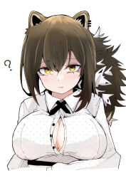 Rule 34 | 1girl, ?, alternate breast size, animal ear piercing, animal ears, arknights, black necktie, blush, breasts, brown hair, cleavage, collared shirt, cross tie, freckles, heka=ton, highres, large breasts, long hair, long sleeves, necktie, ponytail, raccoon ears, raccoon girl, robin (arknights), shirt, simple background, solo, unbuttoned, upper body, white background, white shirt, yellow eyes