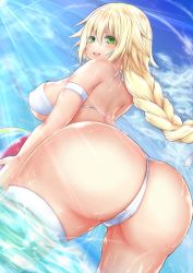 Rule 34 | 1girl, ass, bikini, blonde hair, blush, braid, breasts, covered erect nipples, curvy, fate/apocrypha, fate/grand order, fate (series), from behind, from below, green eyes, highres, huge ass, jeanne d&#039;arc (fate), jeanne d&#039;arc (ruler) (fate), large breasts, long hair, looking at viewer, looking back, looking down, open mouth, shiny skin, sideboob, single braid, smile, solo, swimsuit, very long hair, wide hips, yotunoha