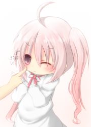 Rule 34 | 1girl, ahoge, blush, bow, child, female focus, finger to cheek, frown, gradient background, hands in opposite sleeves, hands on own chest, long hair, matthew (yo matthew), one eye closed, original, pink background, pink eyes, pink hair, poking, ribbon, scowl, simple background, sleeves past wrists, solo, twintails, white background, wink