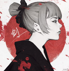 Rule 34 | 1girl, artist name, blood, blood splatter, blunt bangs, closed mouth, collarbone, copyright request, expressionless, female focus, flag background, from side, guweiz, hair ornament, hair ribbon, hair scrunchie, half-closed eyes, japanese clothes, japanese flag, kanji, kimono, limited palette, lips, monochrome, ponytail, profile, ribbon, scrunchie, short ponytail, solo, translation request, upper body, white background