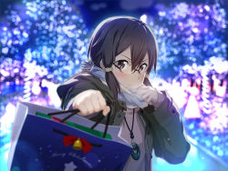 Rule 34 | 1girl, artist request, asada shino, bag, black hair, brown eyes, coat, eyewear on head, gift, glasses, hair ornament, hairclip, highres, holding, holding gift, looking at viewer, scarf, short hair, sinon, snowing, sword art online, sword art online: memory defrag, white scarf, winter clothes